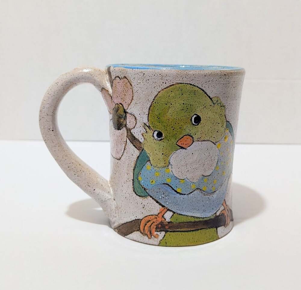 Three Wheel Studio Handmade Ceramic Mug Hand Painted Bird Floral Speckled
